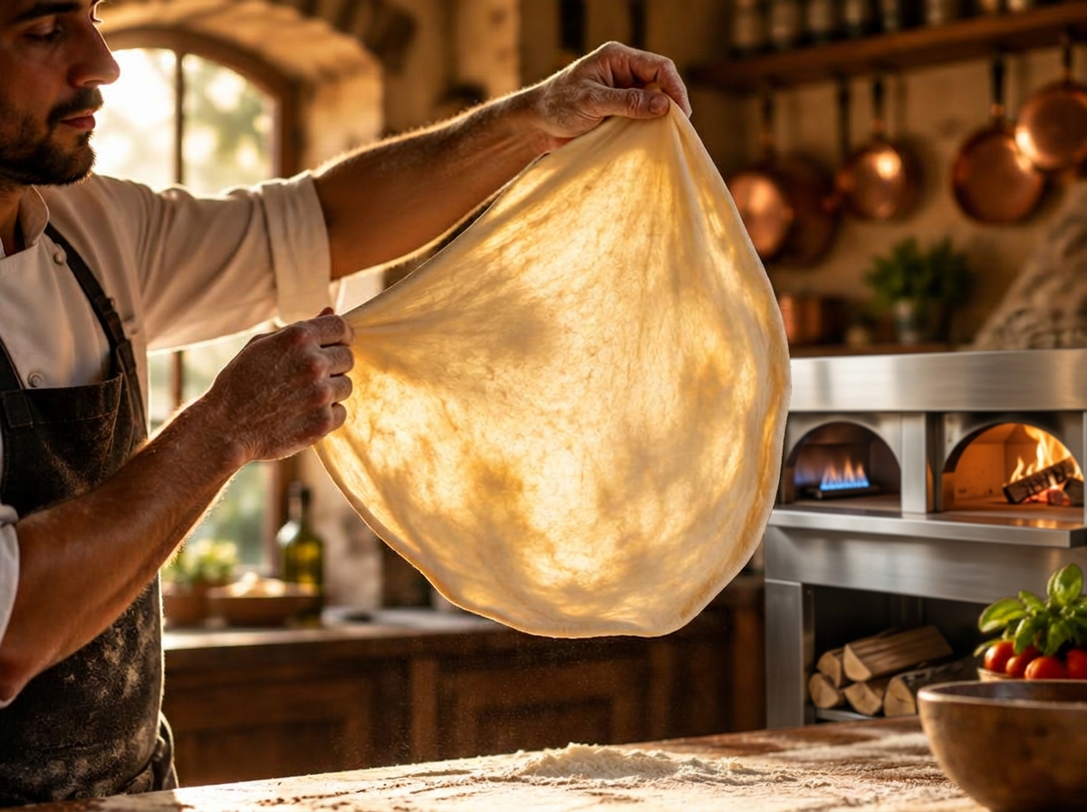 Impasto teso in aria durante la stiratura, molto idratato e leggero