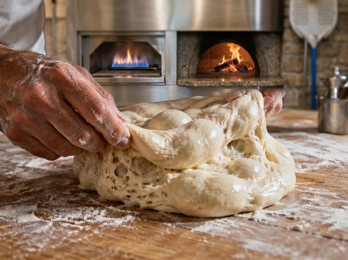 Mani che lavorano un impasto molto idratato e alveolato