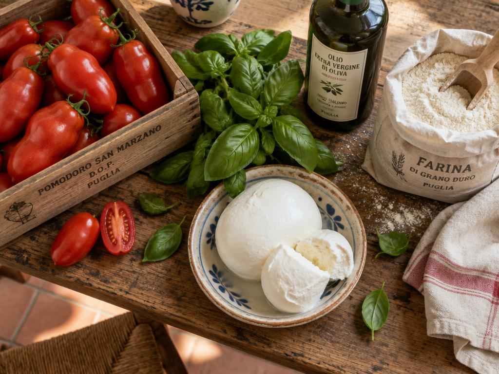 Pomodori, basilico, mozzarella, olio e farina pugliesi su tavolo di legno